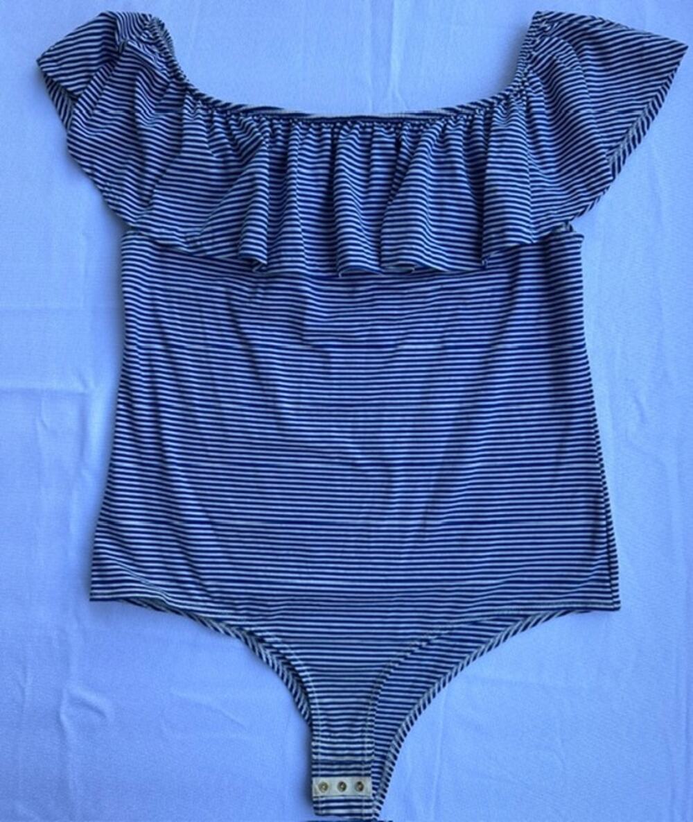 J.Crew Navy White Striped Ruffle Off-Shoulder Bodysuit Women's XL NWT